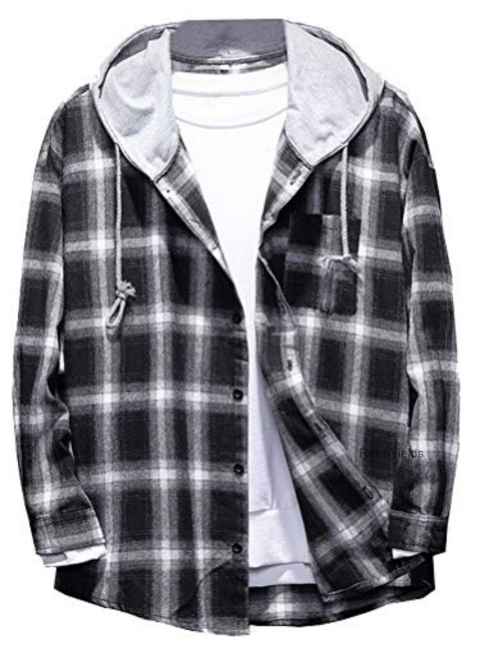 Men's Plaid Hooded Shirt Jacket Lightweight Cotton Button Down Long Sleeve